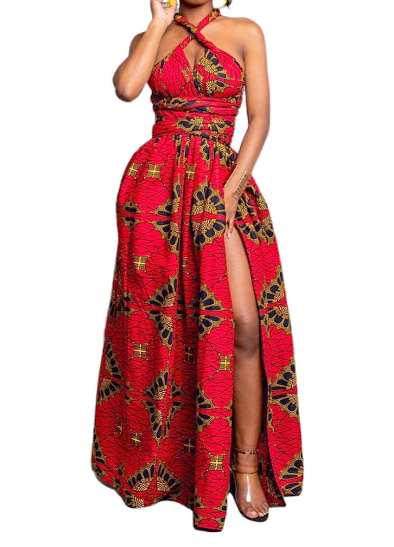 Vimoisa Women Sexy Boho African Long Maxi Dress V-Neck Multi-Way Pleated Floral Print Dresses - Image 1